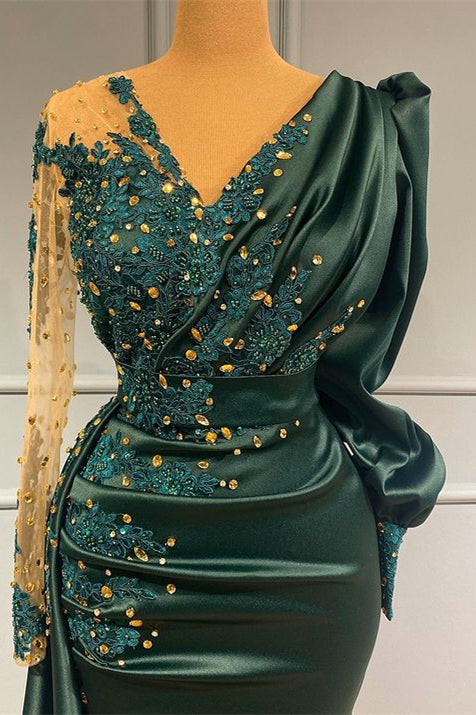 Dark Green V-Neck Evening Dress with Beadings & Lace Appliques