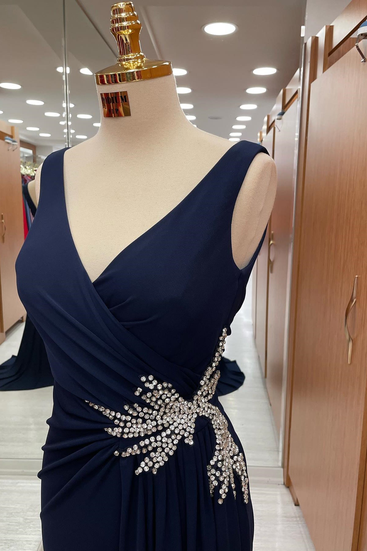 Dark Navy Straps V-Neck Pleated Prom Dress With Rhinestone - Amazing Look!