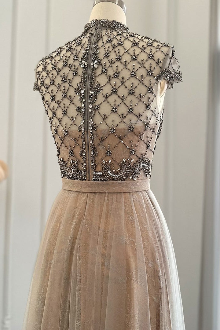 Chic A-Line Prom Dress with Champagne Jewel Neck and Tulle Diamond-Studded Detail