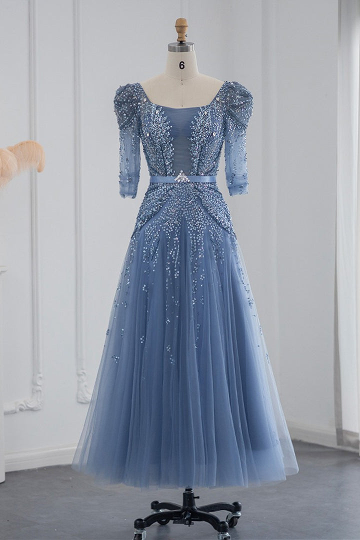 Blue Square Collar A Line Tulle Evening Dress with Appliques - Floor Length