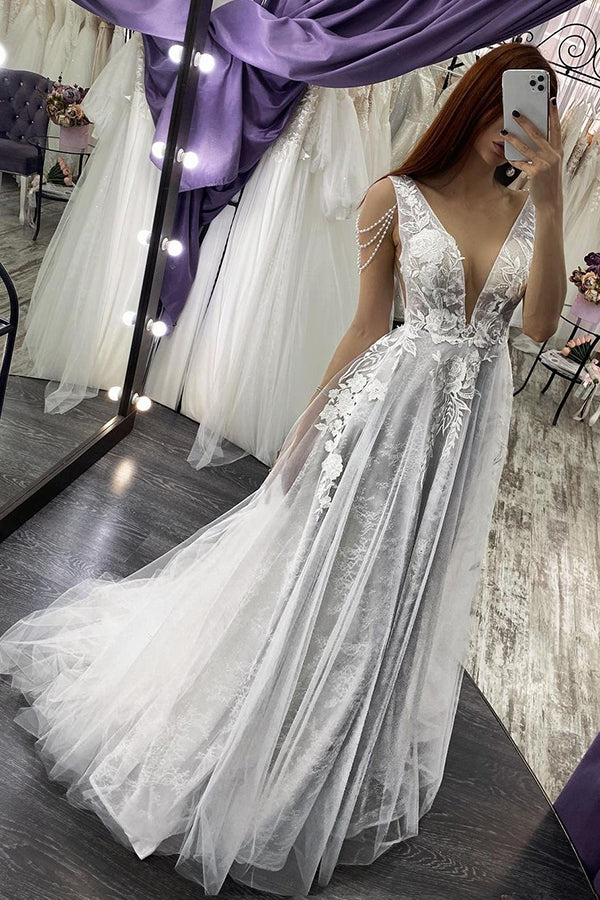 Stunning Straps V-neck A-line Backless Wedding Dress With Appliques Pearls