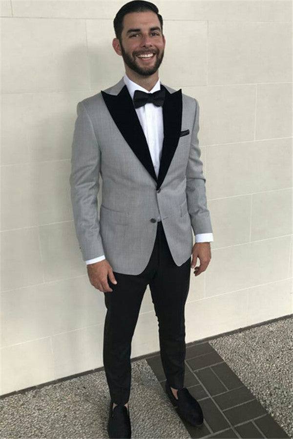 Formal Grey Slim Fit Business Suit with Black Peaked Lapel