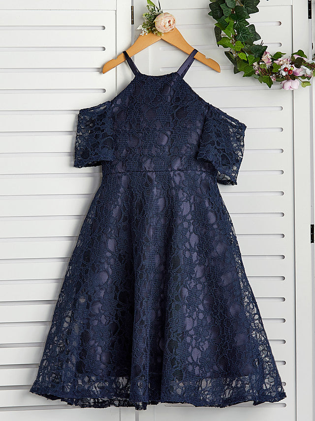 A-Line Halter Neck Lace Flower Girl Dress for Knee Length