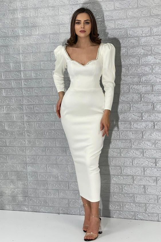 Mermaid Evening Dress - White Long Sleeves for Evening Party