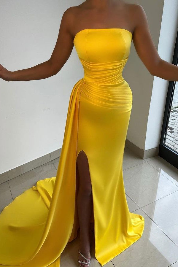 Yellow Strapless Prom Dress Court With Split