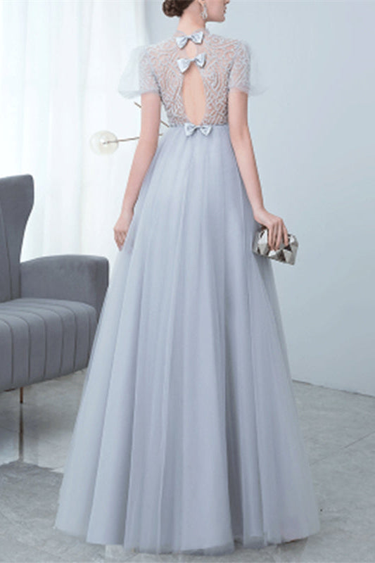 Grey Tulle Evening Dress with Bowknot and High Collar Appliques