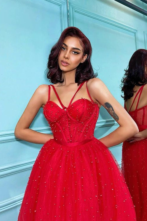 Red Tulle Prom Dress with Spaghetti-Straps and Pearls On Sale