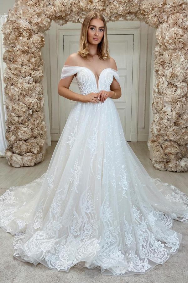 Romantic Long A-line Off-the-shoulder Wedding Dress With Tulle Lace