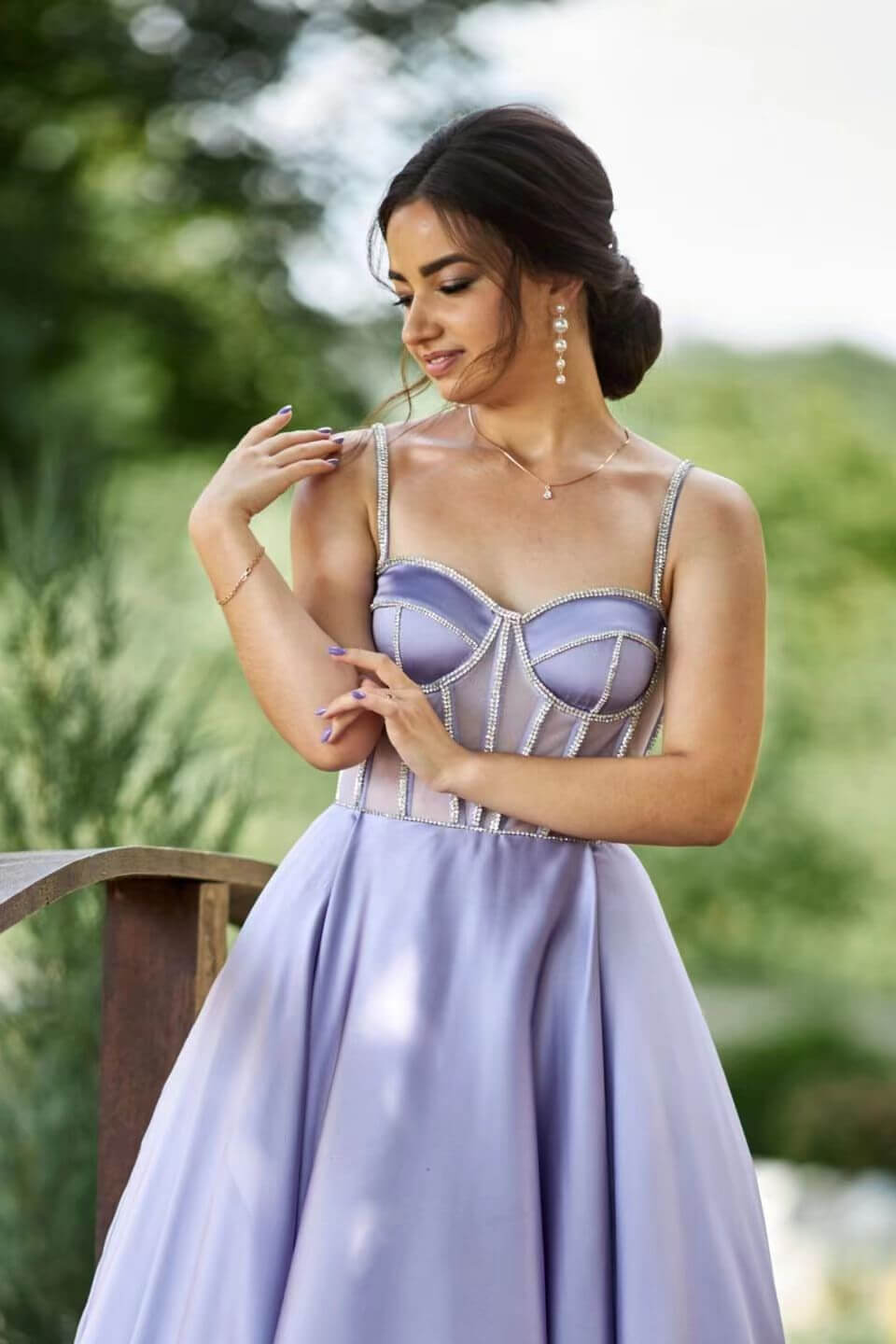 Lilac Evening Dress with Sleeveless Spaghetti Straps & Beads