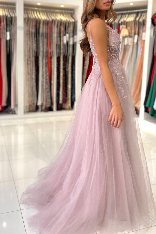 Glamorous Tulle Spaghetti Strap A-Line Evening Dress With Beadings