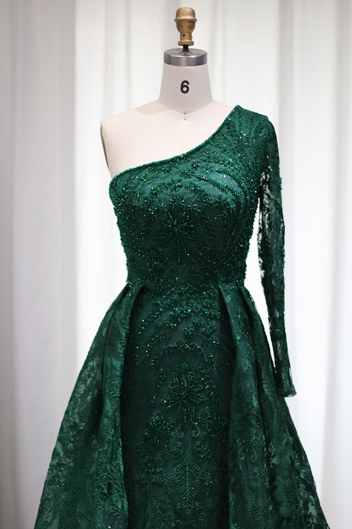 Emerald One Shoulder Long Sleeves Tulle Prom Dress with Diamond Appliques