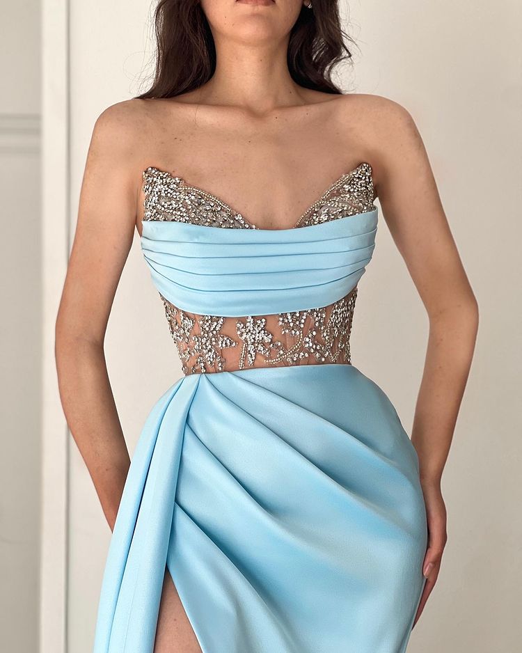 Modern Sky Blue Strapless Mermaid Prom Dress with Beads