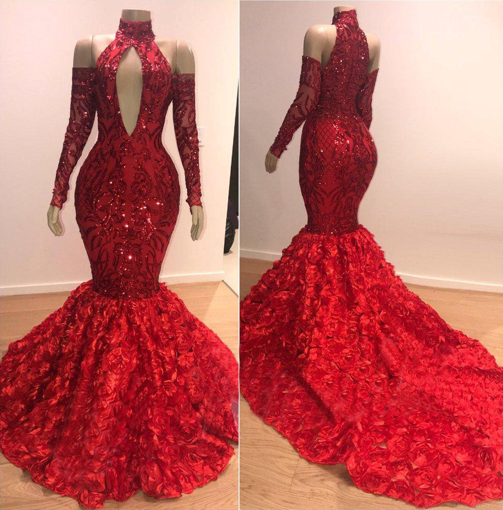 Mermaid Sequins Long Sleeves High Collar Burgundy Prom Dress