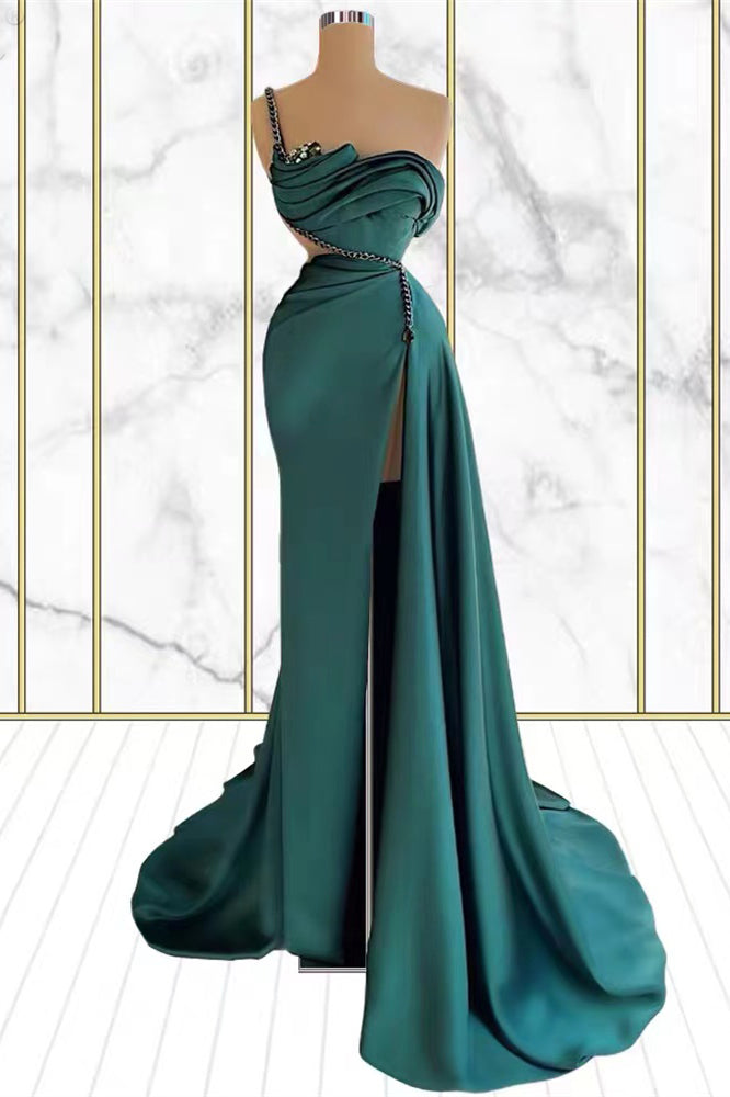 Emerald Rhinestone Mermaid One Shoulder Prom Dress With Split