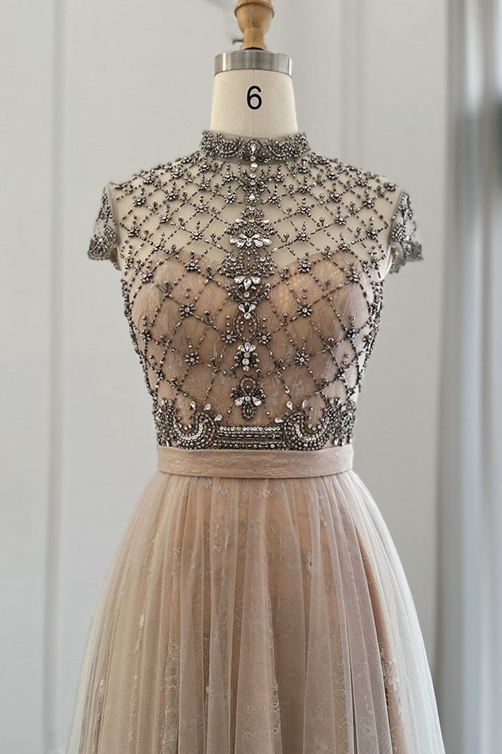 Chic A-Line Prom Dress with Champagne Jewel Neck and Tulle Diamond-Studded Detail