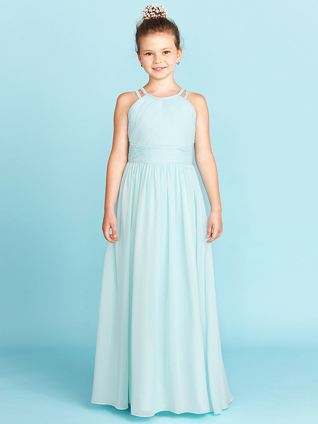 Princess A-Line Jewel Neck Floor Length Chiffon Flower Girl Dress with Ruched Side-Draped Wedding Party Open Back