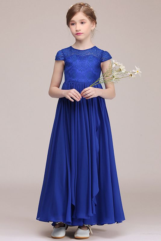 Lace Embellished Royal Blue Illusion Neck Flower Girl Dress