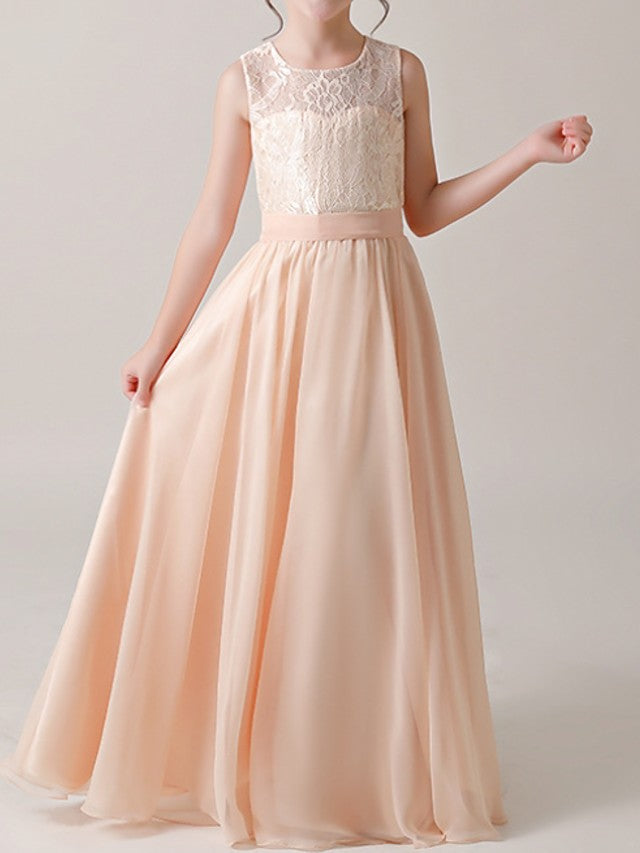 A-Line Floor Length Flower Girl Dress with Sleeveless Jewel Neck and Lace Sash Ribbon