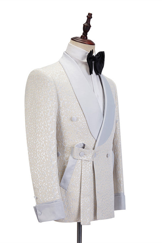 Chic Off White Shawl Lapel Slim Fit Jacquard Wedding Suit For Men