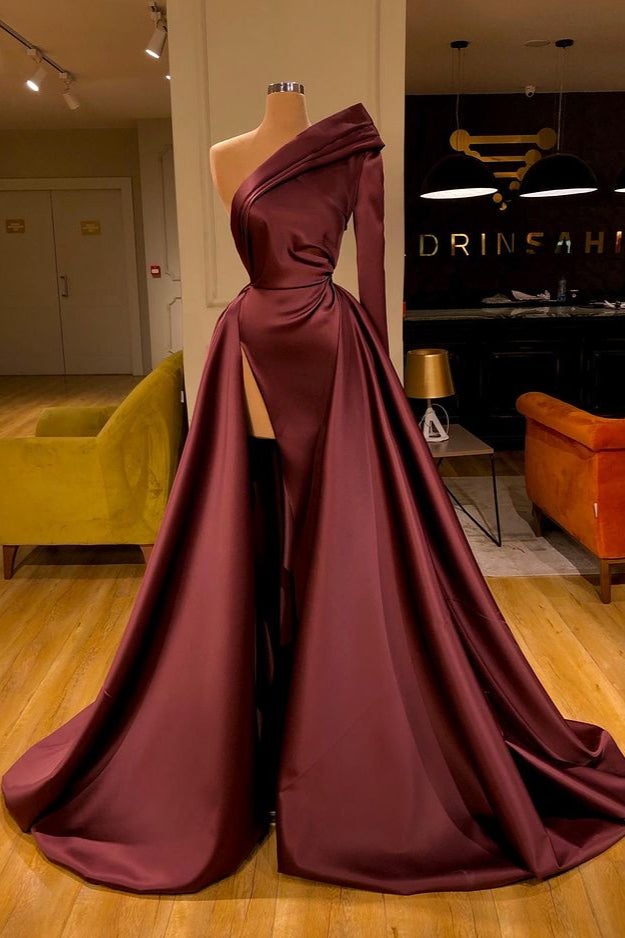 One Shoulder Split Long Sleeves Prom Dress with Overskirt