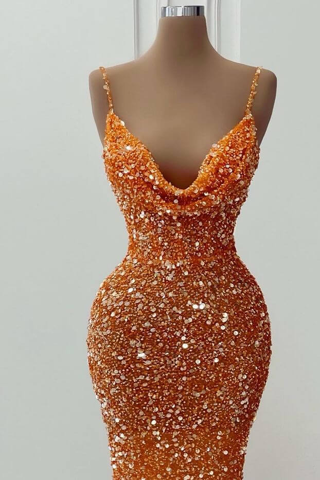 Orange V-Neck Spaghetti-Straps Long Mermaid Prom Dress with Sequins