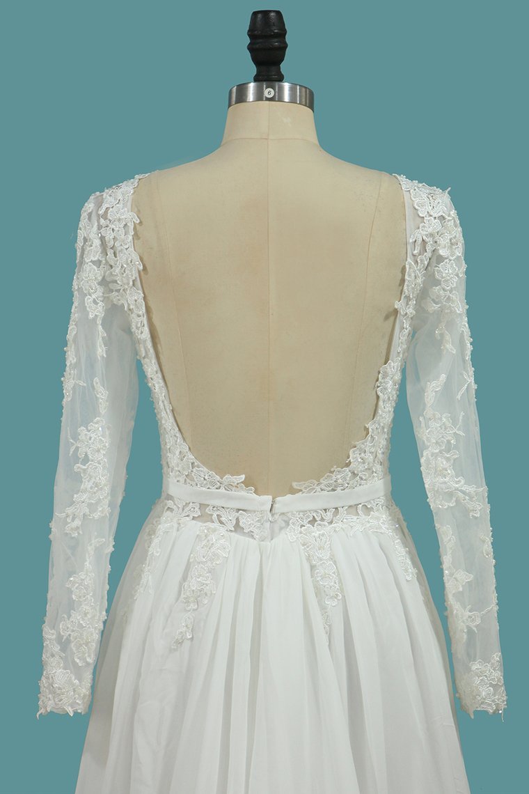 Long Sleeves Chiffon A-Line Floor-length Wedding Dress with Ruffles
