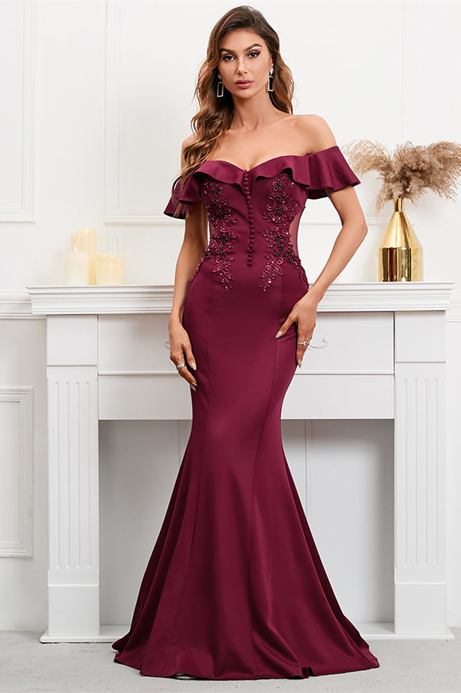 Burgundy Off-The-Shoulder Mermaid Appliques Evening Dress