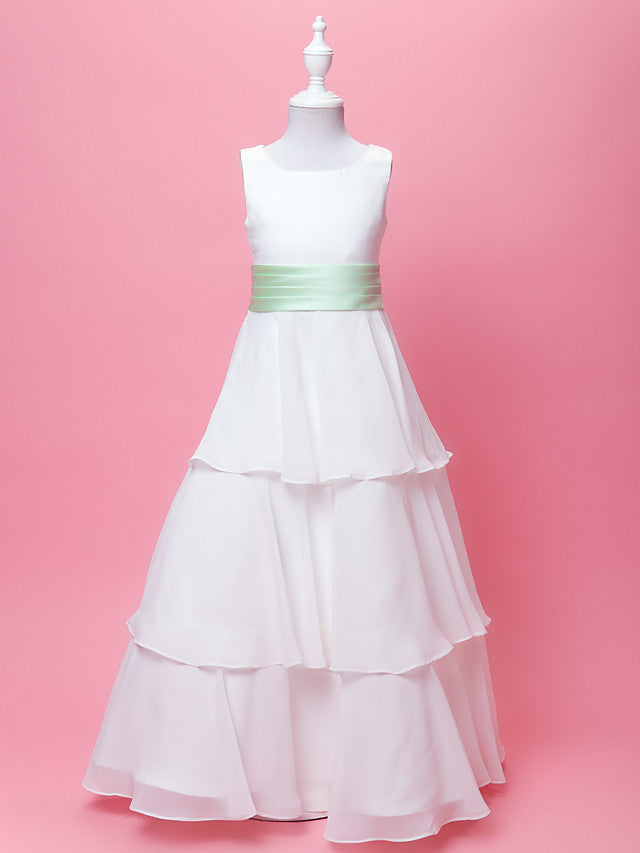 A-Line Chiffon Floor Length Wedding Dress With Ribbon Bow Sleeveless Scoop Neck and Sash Draping For Princesses