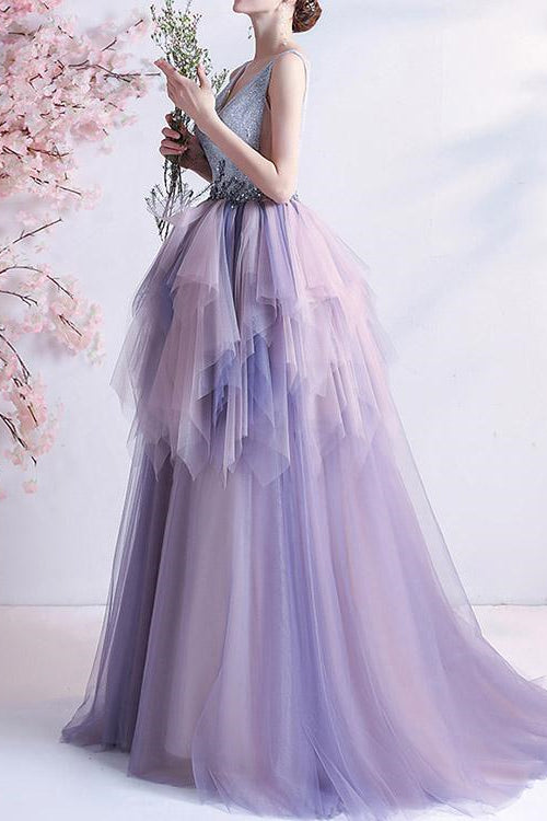 V-Neck Tulle Layered Prom Dress With Beads Online - Sleeveless Long