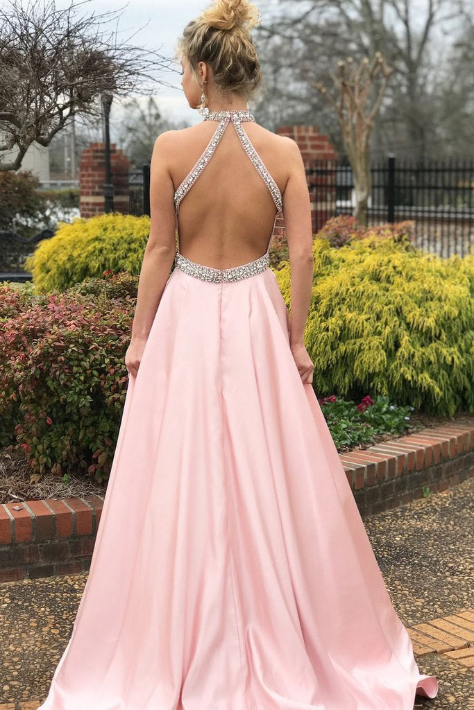 Halter Sleeveless Mermaid Prom Dress in Pink with Beads