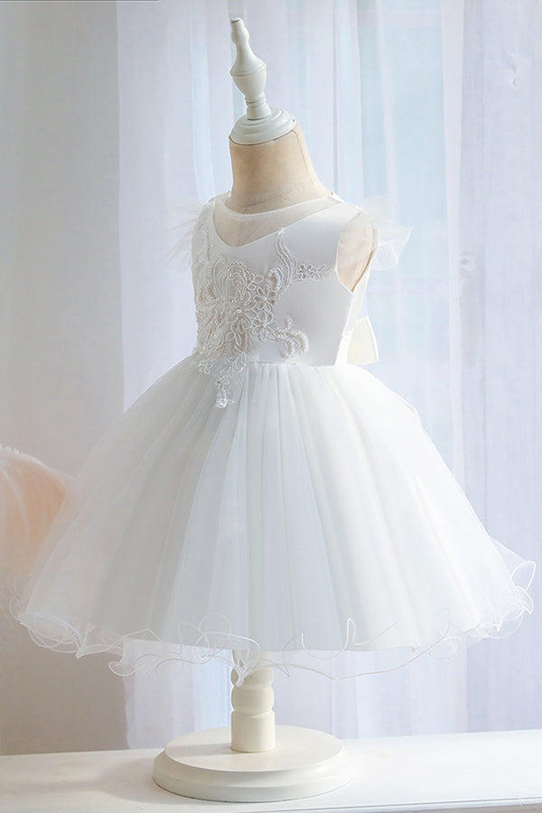 White Ball Gown with Jewel Flower Appliques and Short Sleeves