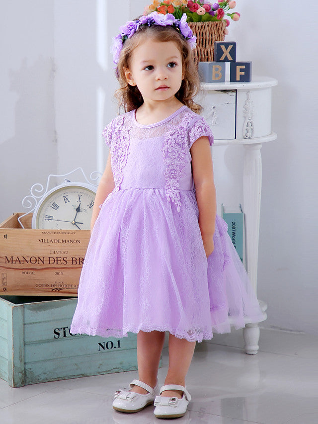 Lace Satin Tulle Flower Girl Dress with Bow Appliques | Short Sleeve Jewel Neck Ball Gown