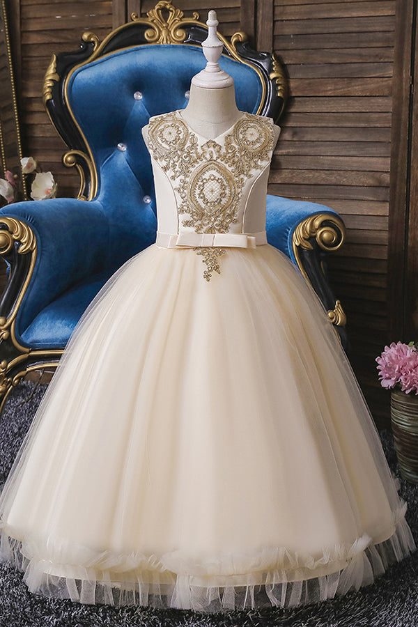 Princess Flower Girl Dress with Appliques - Sleeveless Tea Length