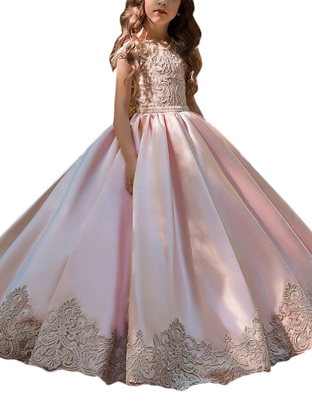 Elegant Cap Sleeve Jewel Neck Ball Gown Flower Girl Dresses with Lace Satin and Acrylic Appliques