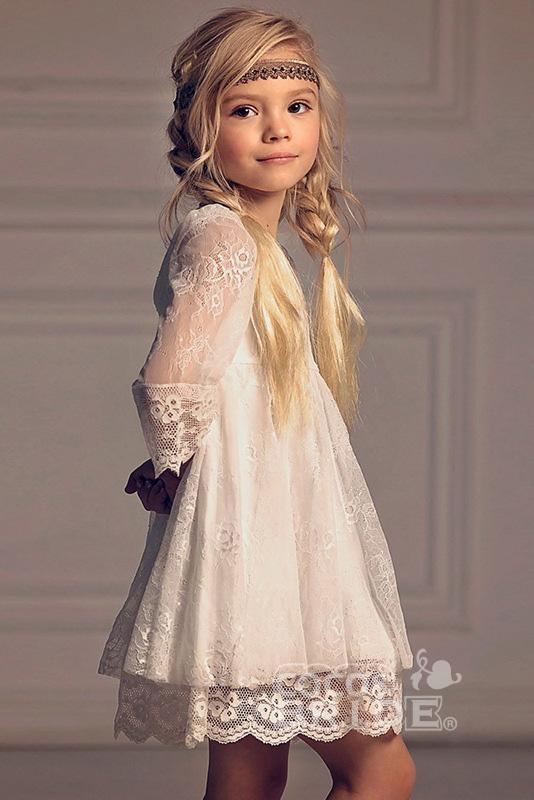 Flower Girls Dress with Lace Applique - Scoop Neck 3/4 Sleeves