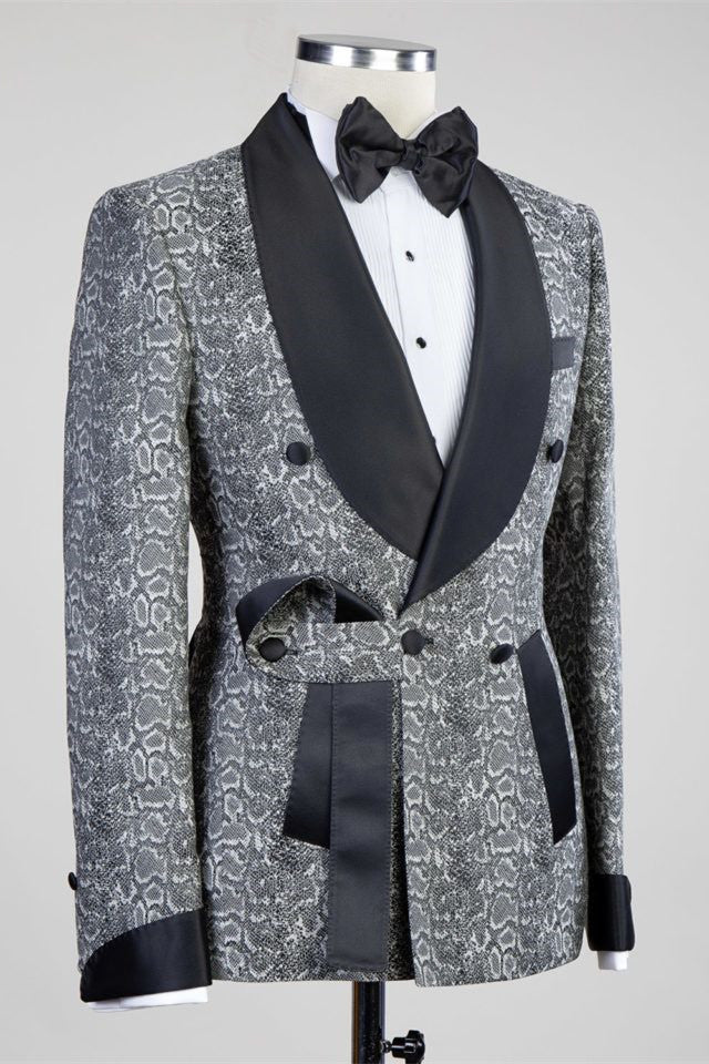 Khalil Gray Double Breasted Wedding Suit with Black Lapel