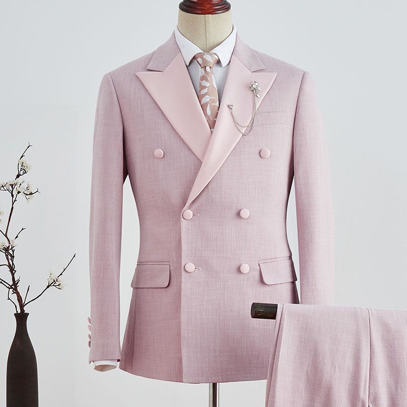 Simple Double Breasted Pink Plaid Peaked Lapel Marriage Suit