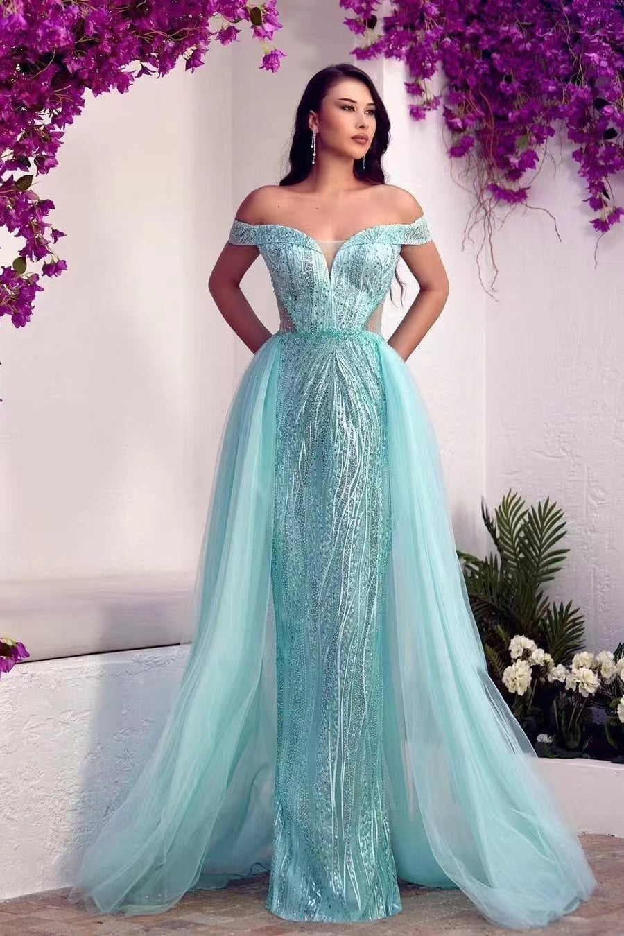 Glamorous Sweetheart Tulle Prom Dress With Sequins Beads & Off-The-Shoulder Overskirt