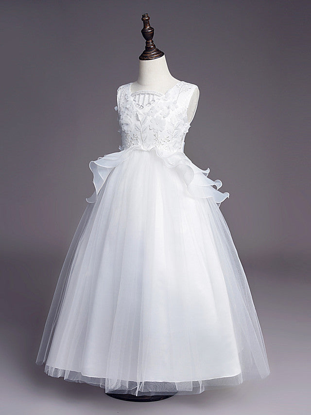 Princess Sleeveless Jewel Long Length Flower Girl Dress with Belt Beadings Embroidery