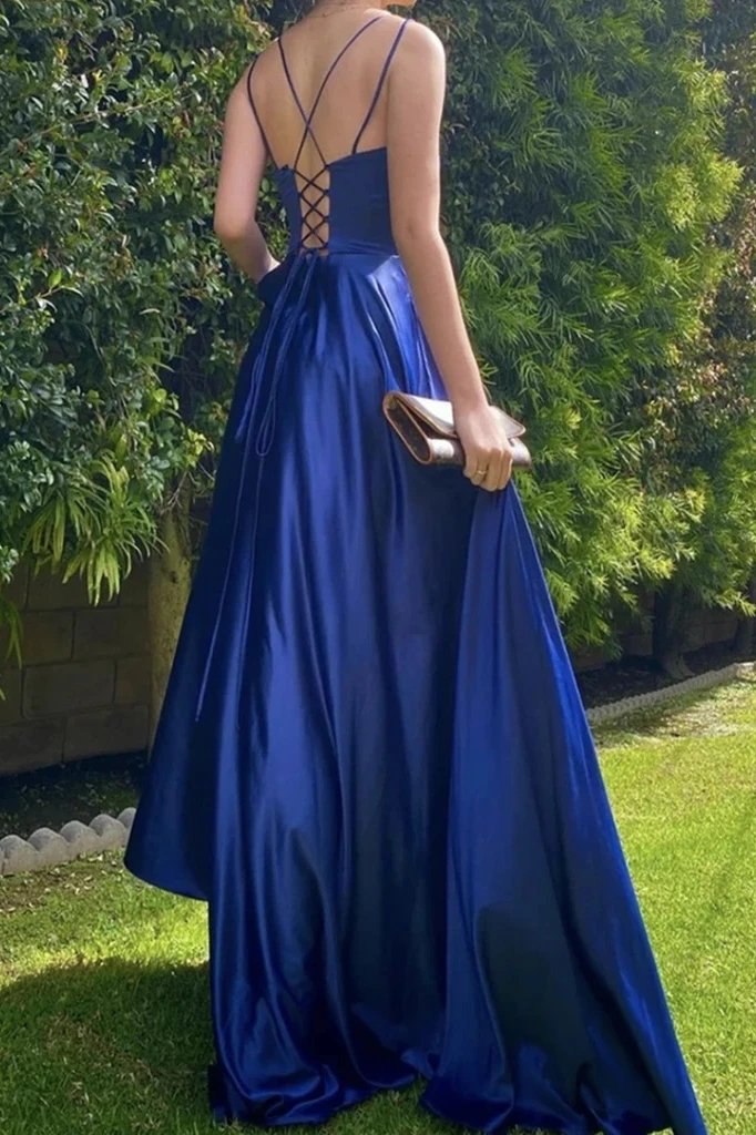 Long Royal Blue Prom Dress with String Back