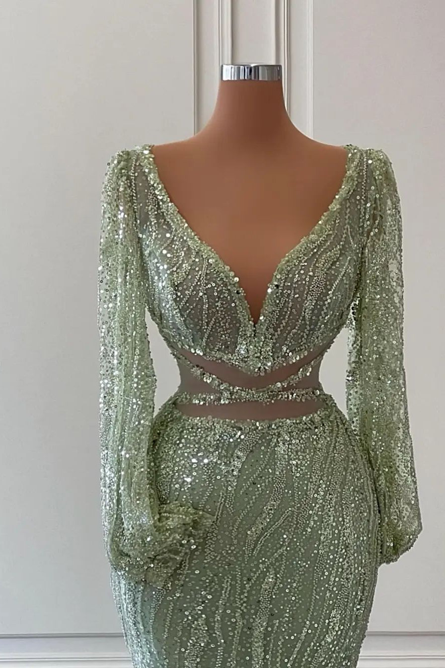 Light Green Long Sleeved V-Neck Mermaid Evening Dress with Sequins and Beads