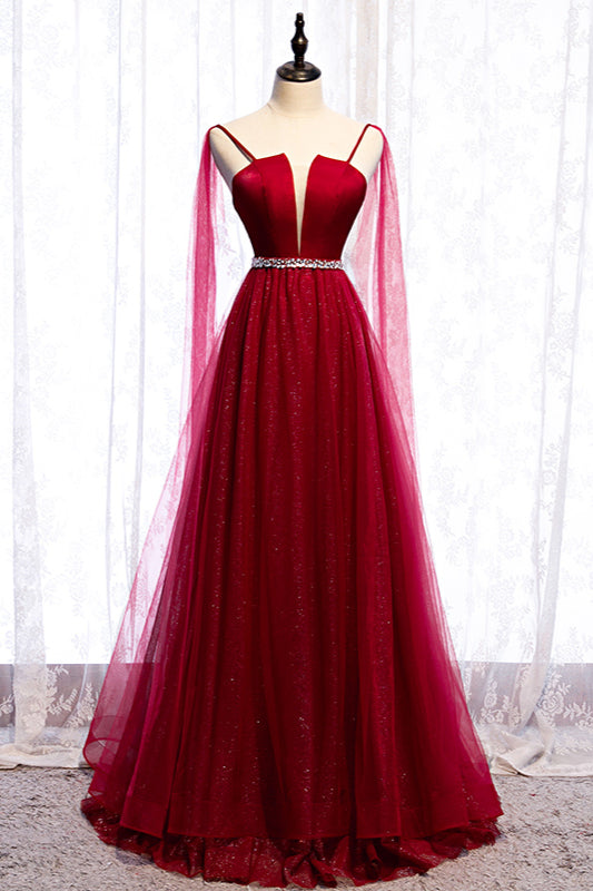 Burgundy Sleeveless Prom Dress with Tulle Ruffles & Beadings