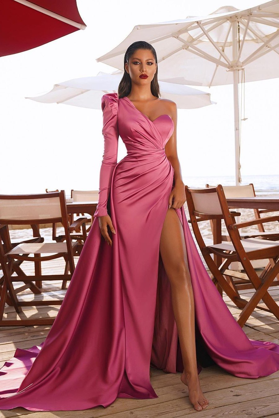 Glamorous One Shoulder Long Sleeves Prom Dress With Slit