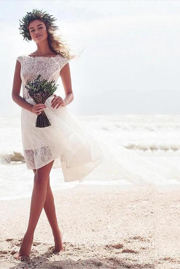 A-line Bateau Lace Beach Wedding Dress with Boho Hi-Lo Sleeveless