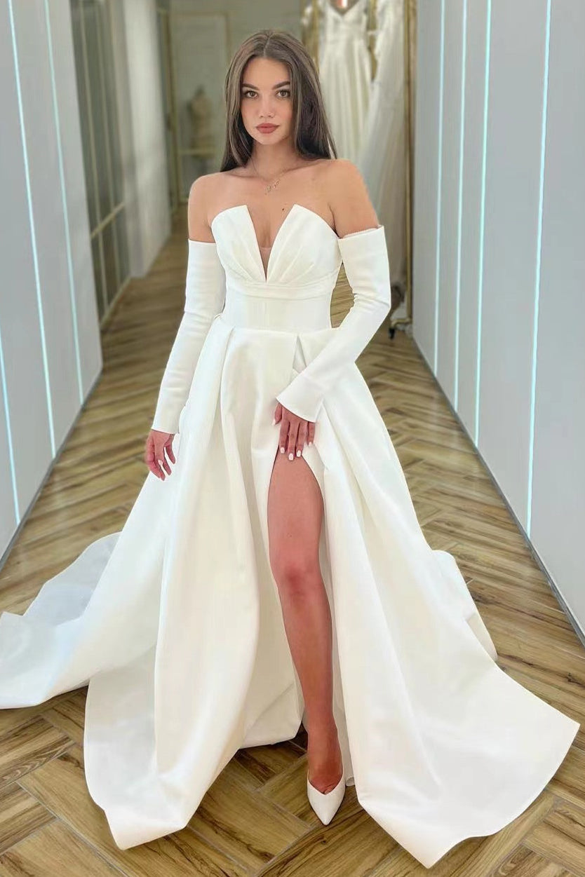 A-Line V-Neck Long Sleeved Prom Dress with Split - White