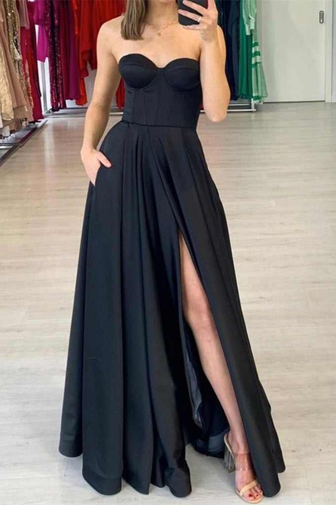 Black Split Sweetheart Prom Dress with Pockets