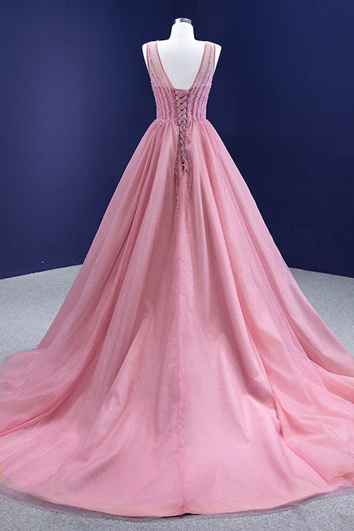 On Sale: Gorgeous Pink A-line Prom Dress with Tulle and Sleeveless Beadings