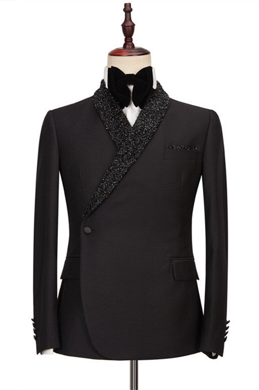 Black One Button Wedding Suits with Sparkly Shawl Lapel - Colby