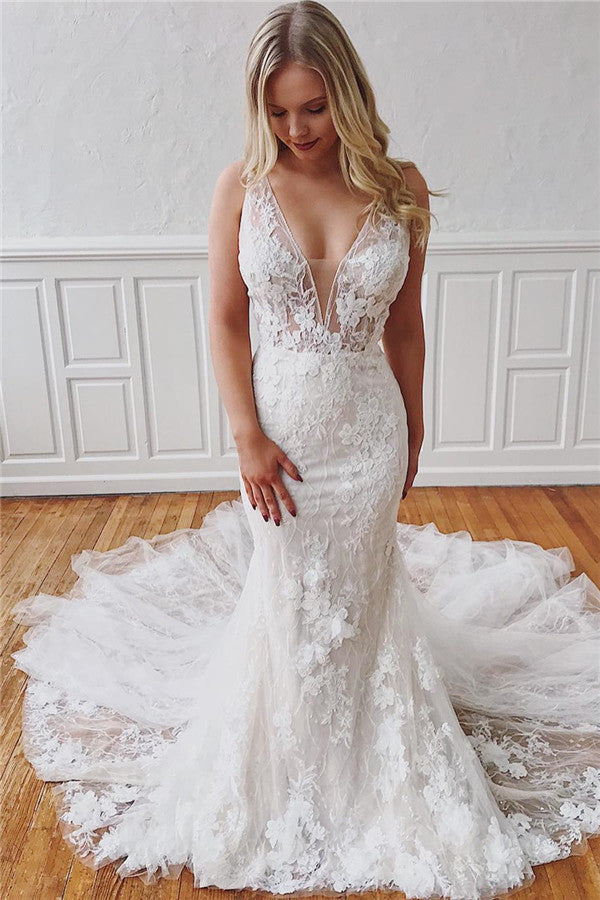 V-Neck Mermaid Detachable Wedding Dress With Glamorous Straps and Lace