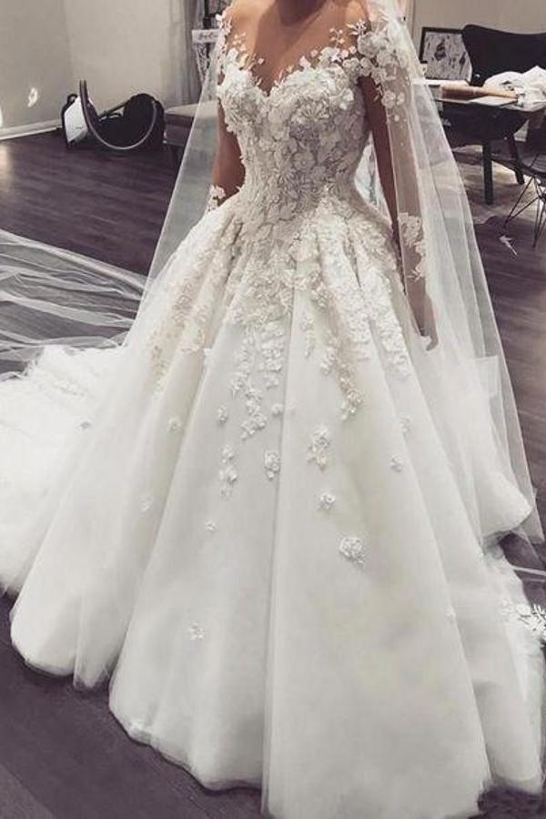 Elegant Bateau Long Sleeve A-Line Floor-length Wedding Dress With Appliques Lace